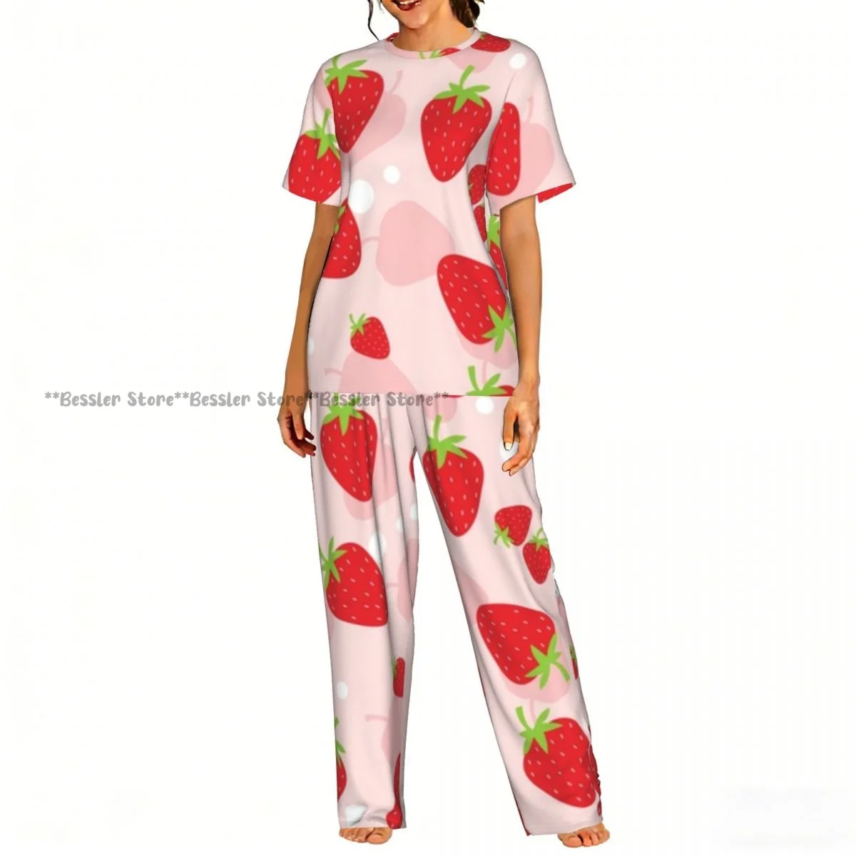 

Женский комплект пижамы с короткими рукавами и иллюстрацией клубники, повседневный, с брюками.