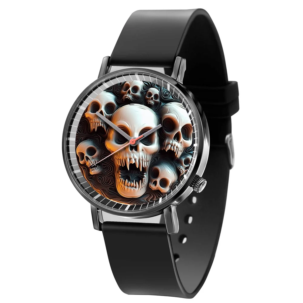 Fashion 2024 Hot White Skull Design Men\'s and Women\'s Quartz Watch Casual Black Silicone Gift Clock Wristwatch