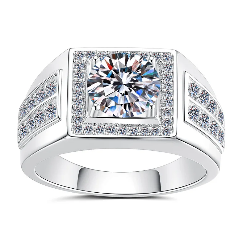 Simple office collocation fits double row halo ring for men with luminous 2ct moissanite over matte PT950 platinum texture