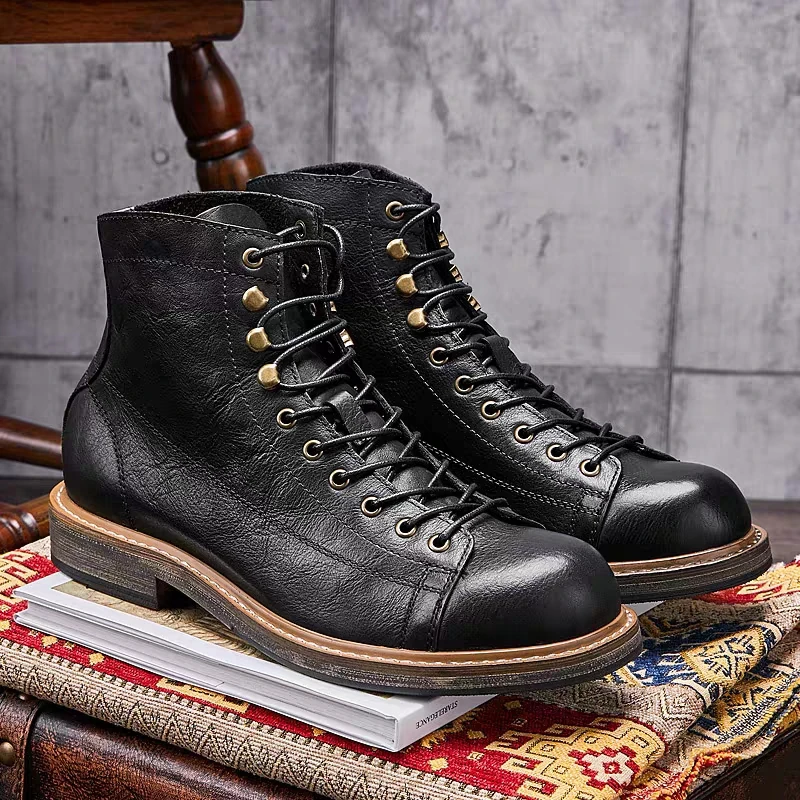 Handmade British Big Size Men Boots Dress Cow Leather Shoes Autumn Winter Motorcycle Boots Outdoor Tooling Platform Boots Work