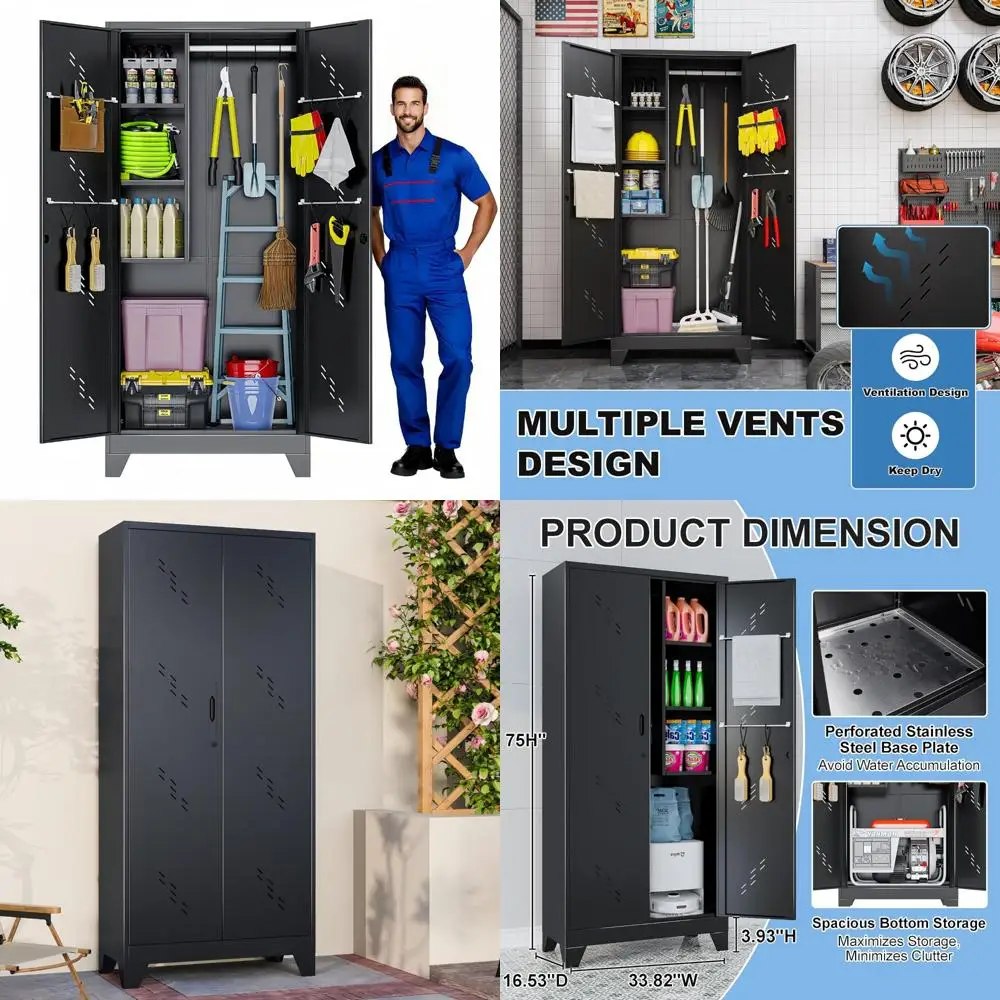 

Прочный металлический уличный шкаф для хранения вещей с запираемыми дверцами, вентилируемой конструкцией и перфорированным основанием из нержавеющей стали