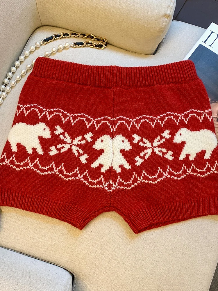 크리스마스 레드 빈티지 니트 반바지 여성 슬림 하이 웨이스트 스위트 프린트 반바지 미국 가을 겨울 여성 레트로 캐주얼 반바지