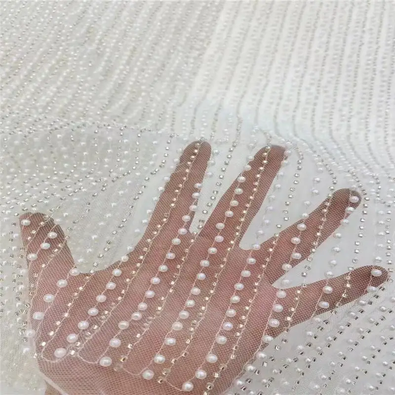 

5Yards/Pack Stripe Pearls Beadings Tulle Mesh Lace Fabric Heavy Handmade Fabric Wedding Dress Fabric Wide 130cm