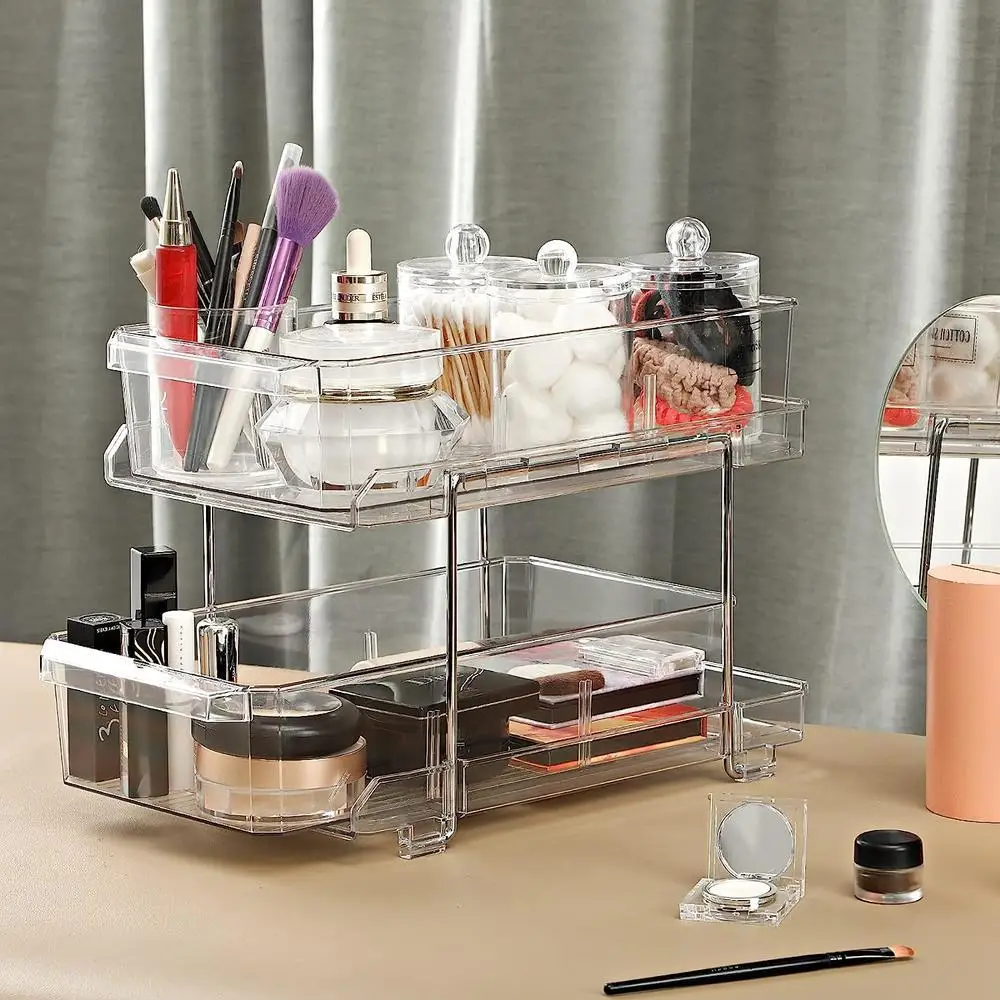 2 Tier Clear Organizer With Dividers Multi-functional Organizer Bathroom Countertop Rack Kitchen Snack Storage Holder