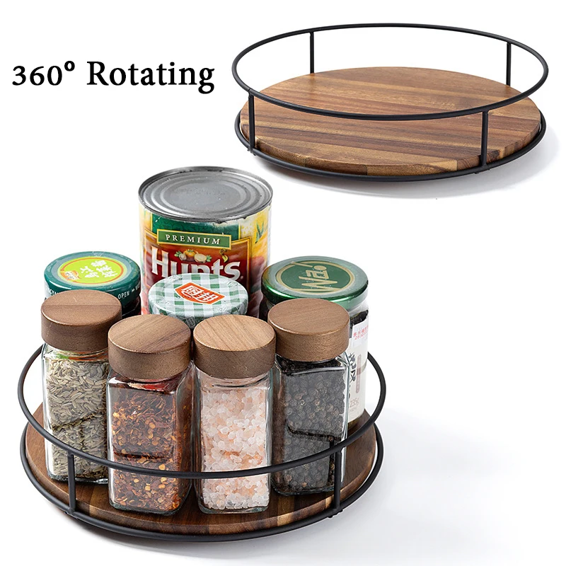 

360 ° Вращающийся кухонный шкаф и органайзер для кладовой, поворотный стол из массива дерева для хранения с рамой, компактная круглая полка для специй