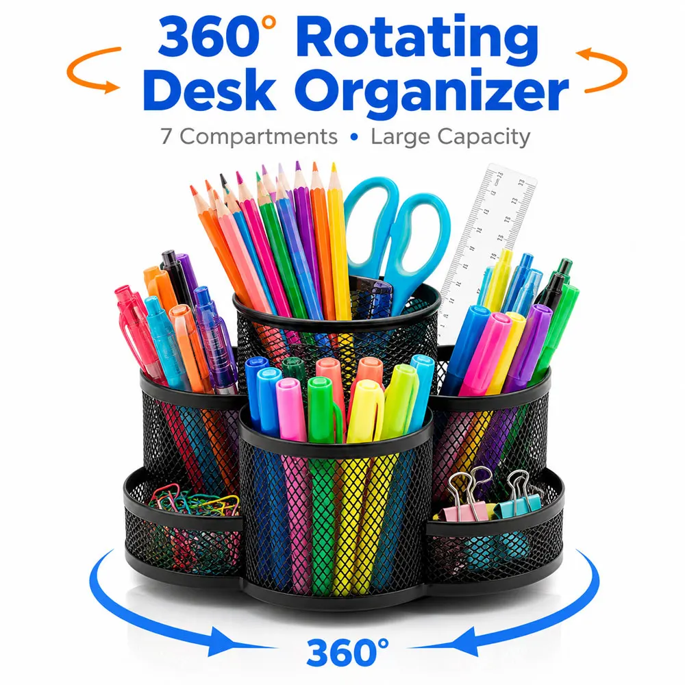 1pc 7-Compartment Metal Mesh Desk Organizer, Black/Silver 360° Rotating Pen Holder with Non-Slip Base for Office, Home & Vanity