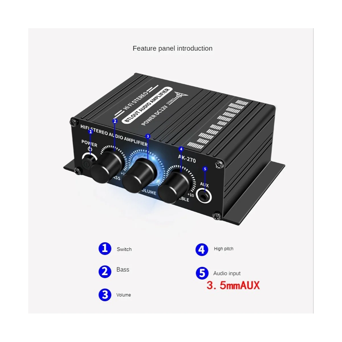 Mini Amplificador de Potência HiFi, AK-270, AK270, 12V, Áudio Home Car Theater, 2 canais, USB, SD, Entrada AUX