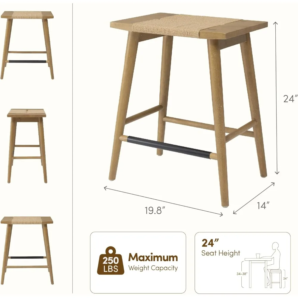 Thor Wicker Counter Height Stool with Hand-Knitted Rope, Backless Island Seat for Kitchen, Solid Wood Construction