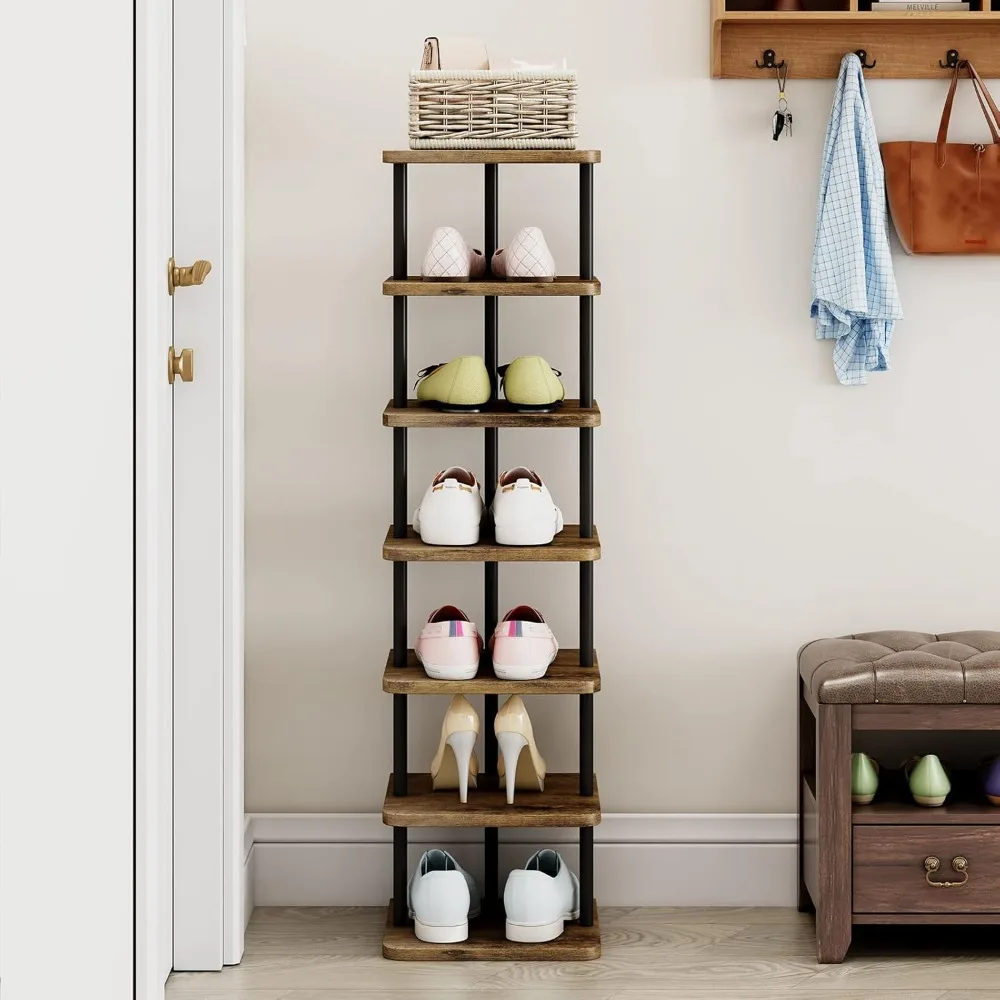 

Shoe Rack 7 Tier Vertical Storage Organizer Narrow Metal Slim Shelf Modern Free Standing Shoe Tower Saving Space