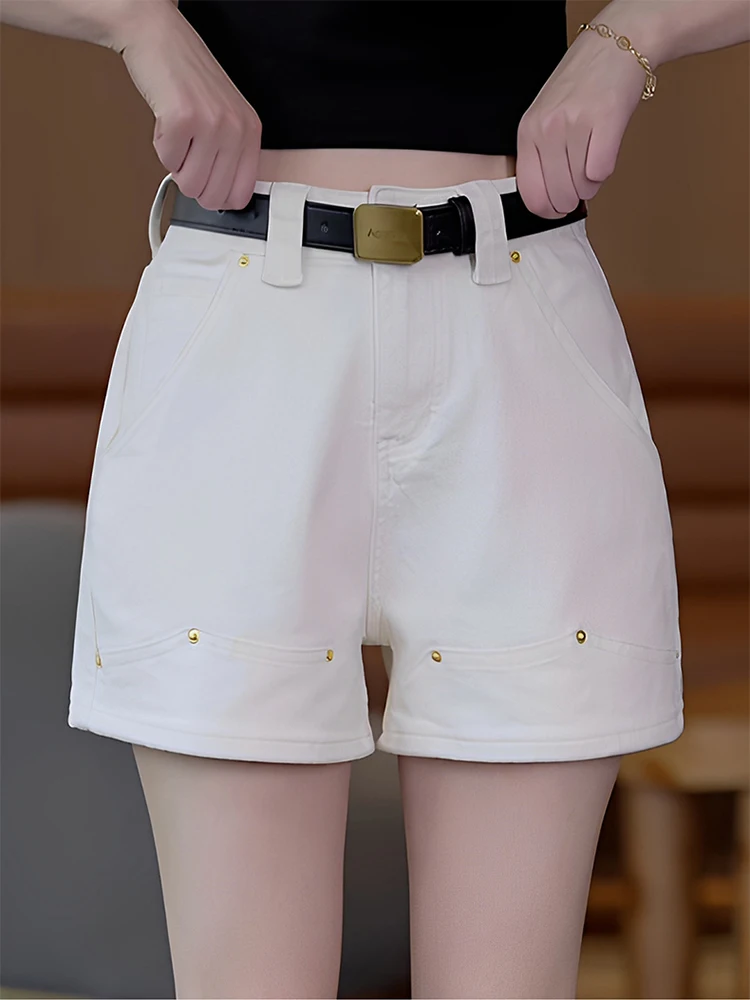 

White Denim Short Shorts Women's Summer Thin High Waist A-Line Wide Leg Hot Pants Casual Cotton Blend Stretch Fabric