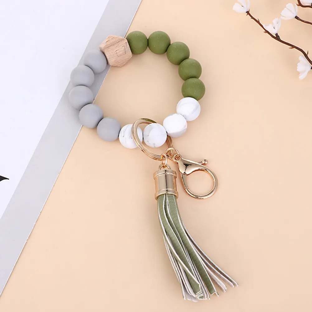Wooden Silicone Beaded Key Chain Bracelet Wristlet Tassel Decor for Purse Keys Bag Real Agent Gift First Home Welcome