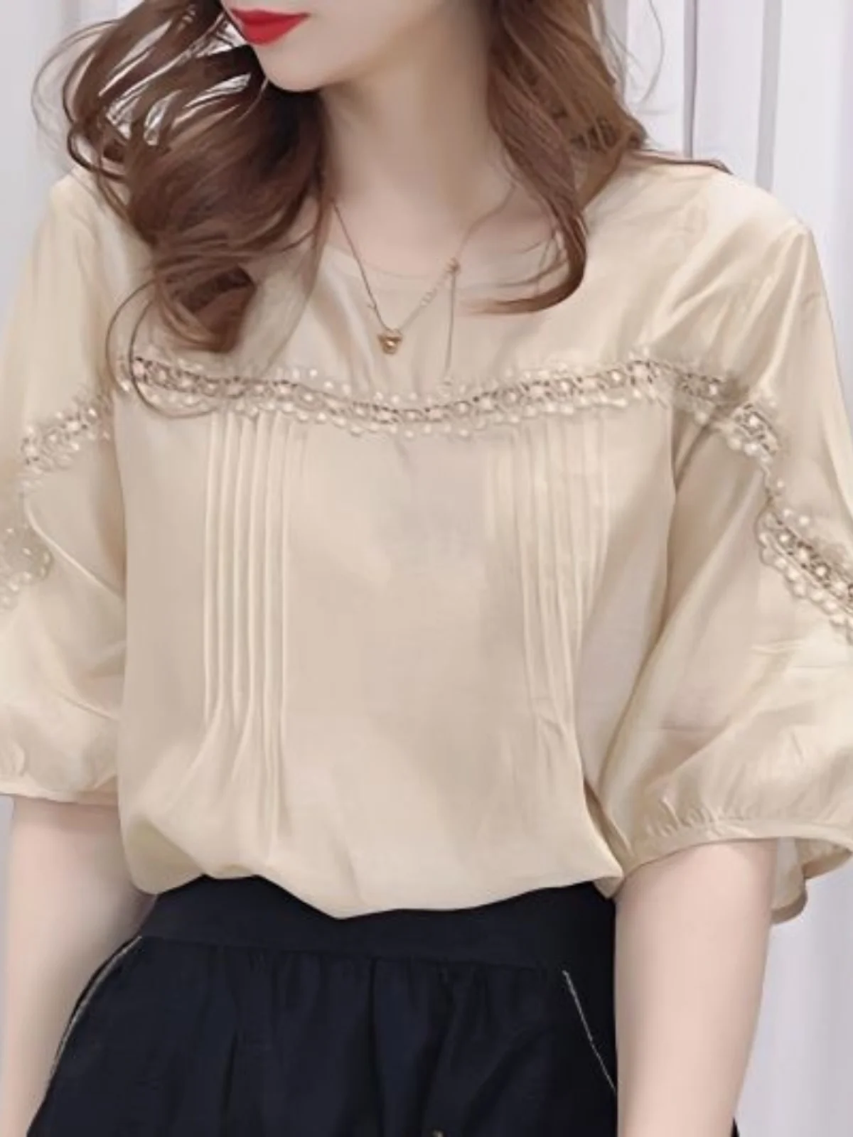 

Ретро-топ из шифона в гонконгском стиле с кружевными вставками и рукавами до локтя, женский, свободный крой, стройнящий, высококачественный, летний, модный, с круглым вырезом