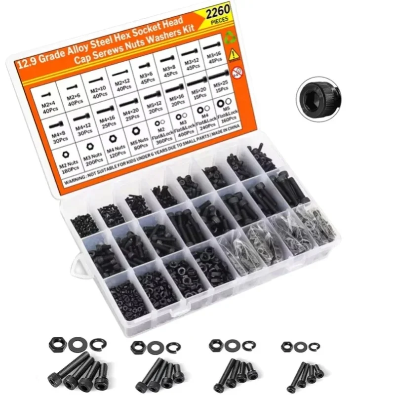 2260-teiliges Innensechskantschrauben-Set M2 M2.5 M3 M4 M5 M6 Schwarz 12.9 Güteklasse Sechskantschrauben Muttern Stahl Flachkopfschrauben Innensechskantbolzen