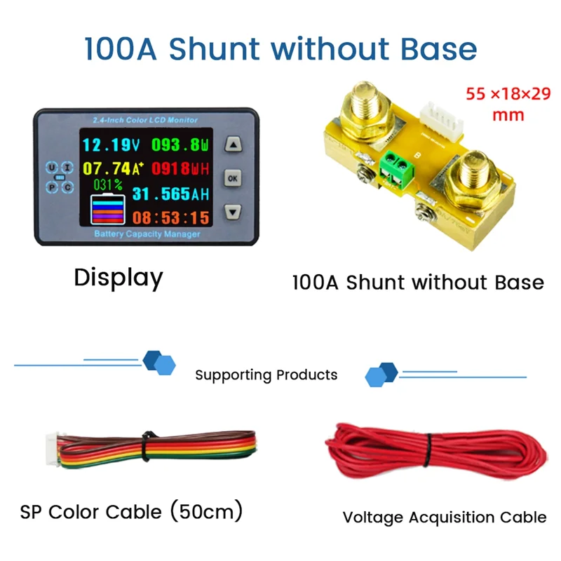 VA9810 2.4 Inch Voltage Meter+100A Diverter+Case Coulometer Capacity Power Detector Monitor for Electric Vehicle/RV