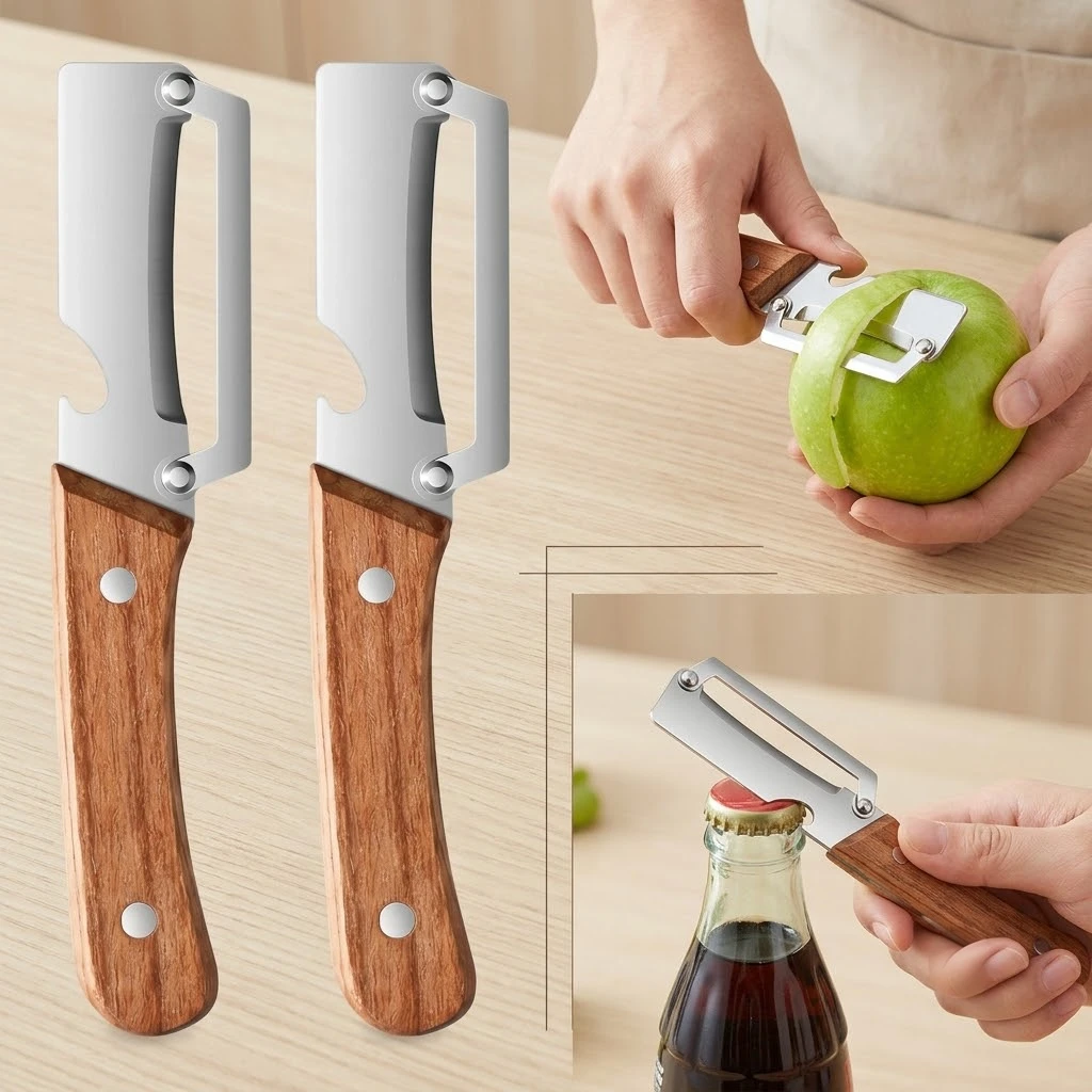 Stainless Steel Vegetable Peeler Wooden Handle Multi-functional Fruit Paring Knife with Bottle Opener 2PCS Durable Potato Carrot Melon Scraping Gadget