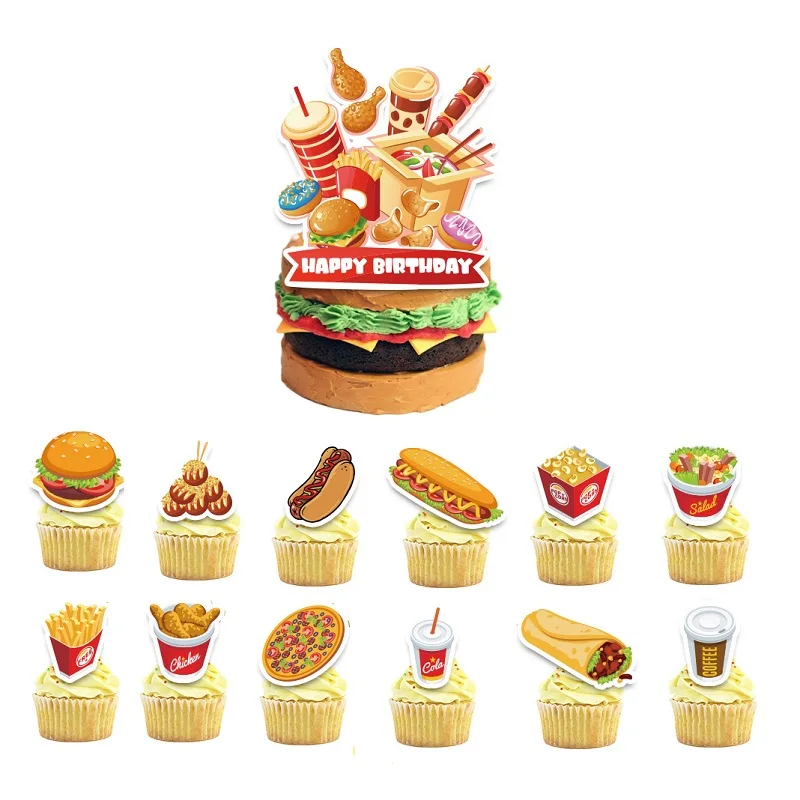 Fast Food Theme Birthday Cake Decoration,Hamburger,Hot Dog, Fries,Pizza Cake Insert