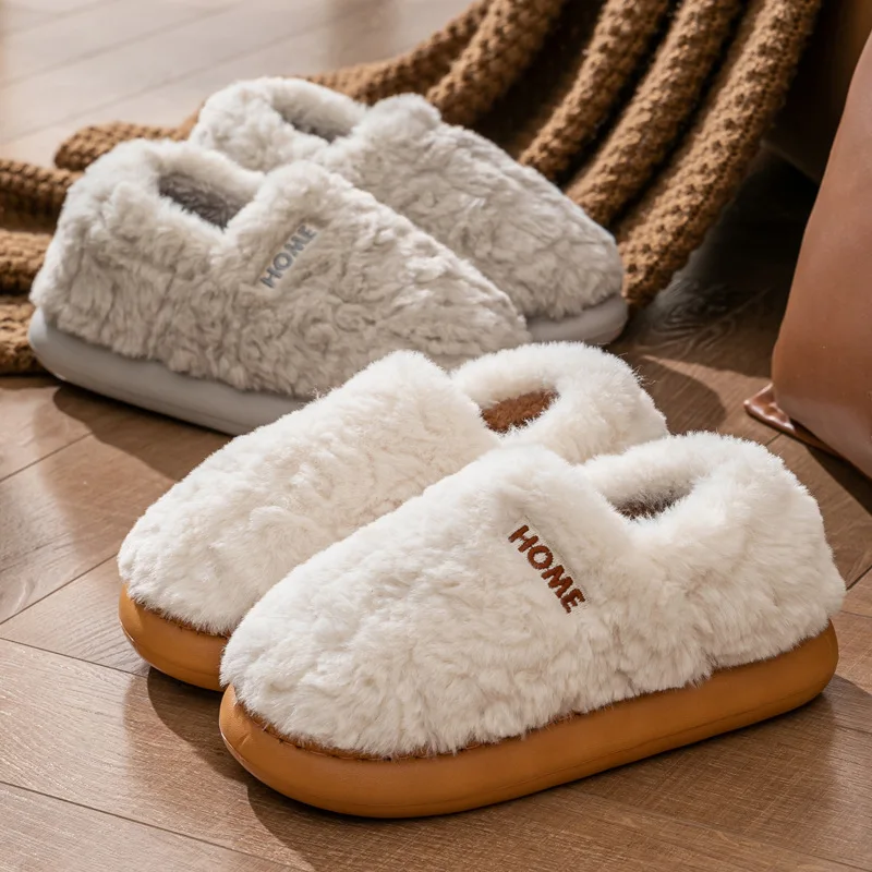 

Winter Slippers Women Warm Plush Home Cotton Shoes Couples Thick Sole Shoes Non-Slip Soft Comfort Flats Men Bedroom Furry Slides