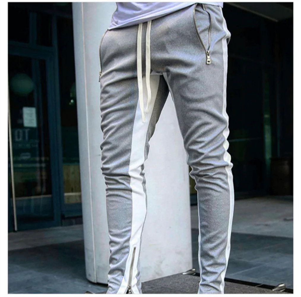 Autumn new long pants with zippered legs, men\'s casual sports pants, running pants, double pocket zippered jogging pants