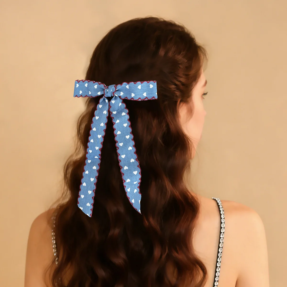 30pc Heart Print Denim Blue Fabric Hair Clips with Long Tassel for Women And Girls Frill Side Hairgrips Bulk for Valentine's Day
