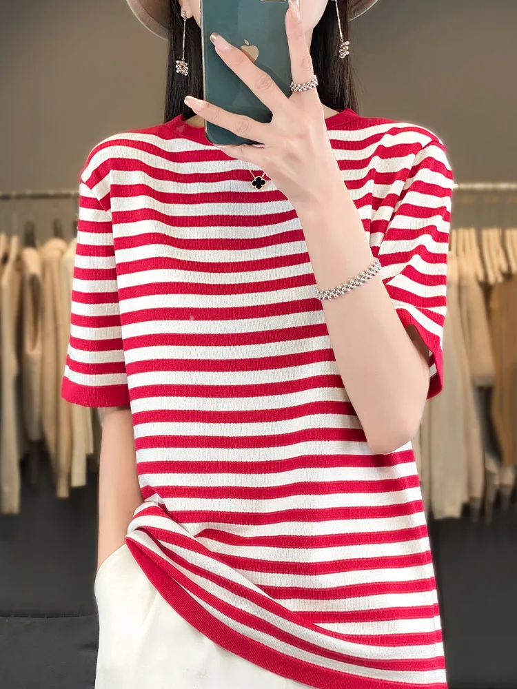 

New Arrival T-Shirt Ice Silk Cool Feeling Women's Tees Short Crew Neck Tank Top Casual Loose Striped Lady Clothes Fashion Trends