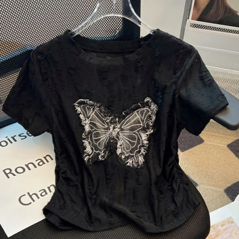 Women's Vintage Butterfly Short Sleeve Summer 2025 New Fold Slim Short Style Top Fashion Chic Streetwear Casual Hole T-shirt