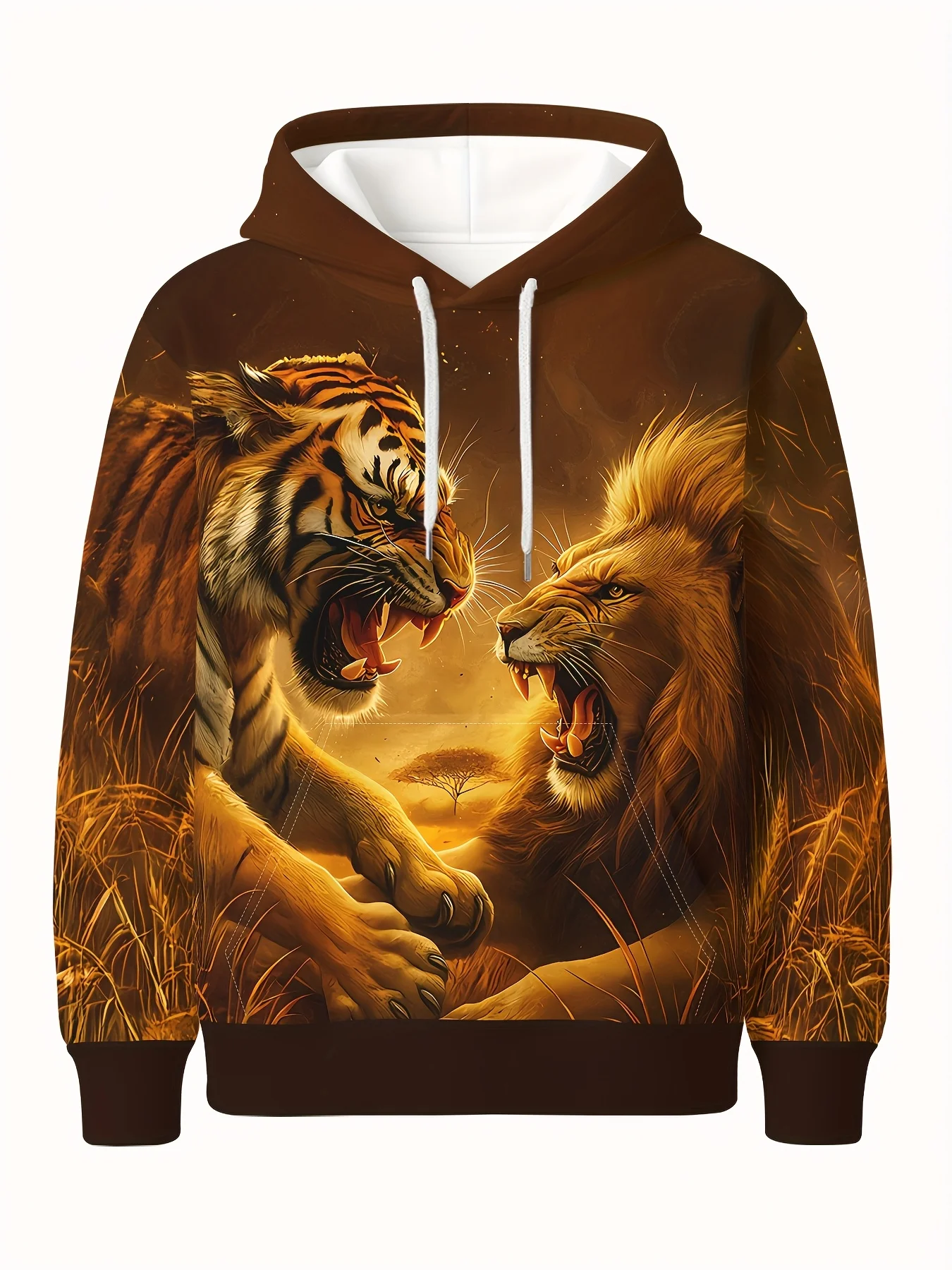 Men’s Tiger vs Lion Print Hoodie Wild Animal Kingdom Graphic Pullover Unisex Style Autumn/Winter Fashion Hoodie Streetwear Top