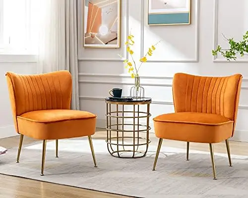 Orange Velvet Accent Chairs Set of 2, Wingback Slipper Chairs for Living Room, Bedroom, Guest Room