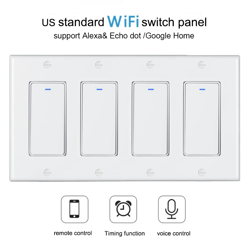 米国規格4連WiFiスマートリモコンスイッチ、モダンスタイル、Alexa Echo Dot対応、Google Home音声制御、安全