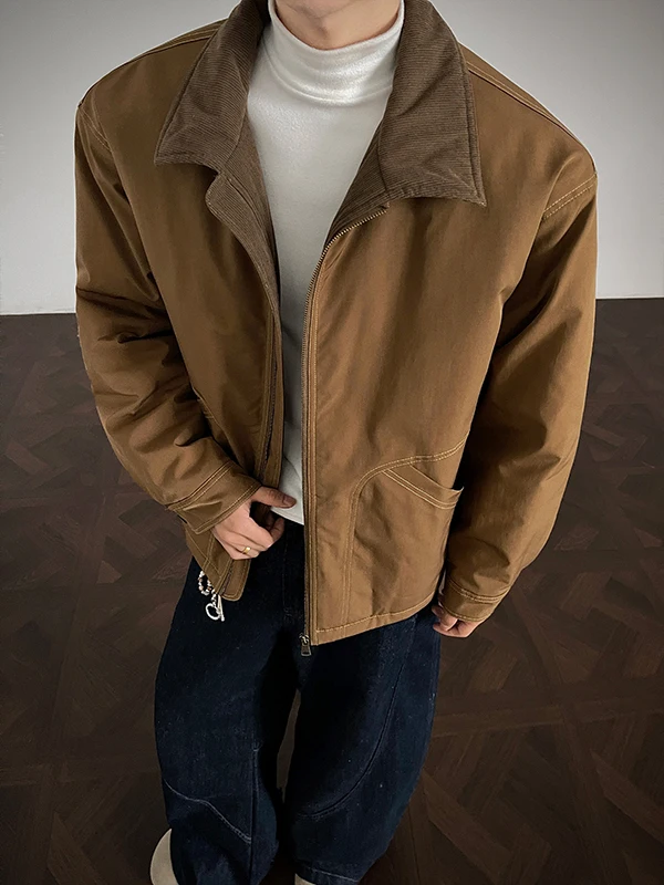 

Ретро-куртка в американском стиле из хлопка для мужчин, новая зимняя модель, рабочая одежда, с наполнителем из полиэстера, свободный крой, отложной воротник, хлопковое пальто