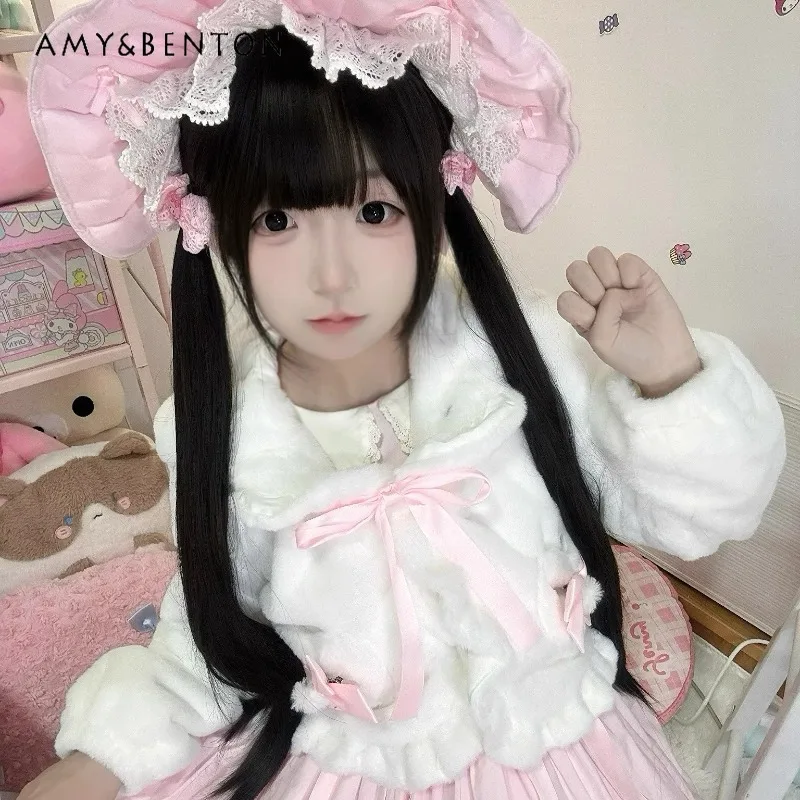 Original Cute Bunny Ear Hooded Plush Jackets for Women Winter New Lolita Jackets Sweet Girl Bowknot Ruffle Soft Short Jacket