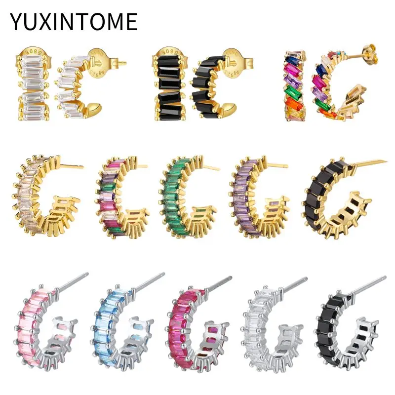 

925 Sterling Silver Ear Needle Colorful Crystal C shape Stud Earrings Women's Luxury Geometric Piercing Earrings Fashion Jewelry