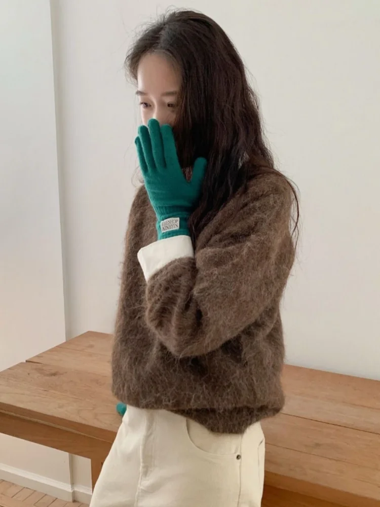 

Plush Knitted Basic Pullover Lady Casual Round Neck Full Sleeve Loose Cropped Warm Sweater Chic Women Autumn Commute Pullovers