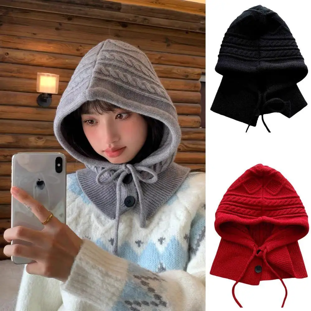 

Korean Knitted Balaclava Cap Fashion Solid Color Pullover Hat Winter Warm Hooded Hat For Women One Piece Neck Collar Beanies Cap