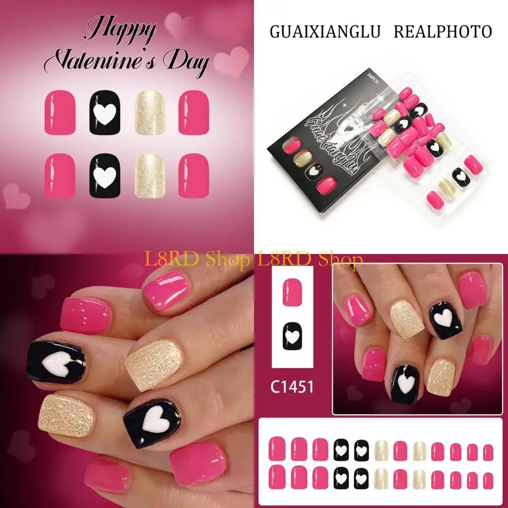 

L8RD 24 шт. сладкий розовый пресс на ногтях короткие квадратные накладные ногти ко Дню святого Валентина
