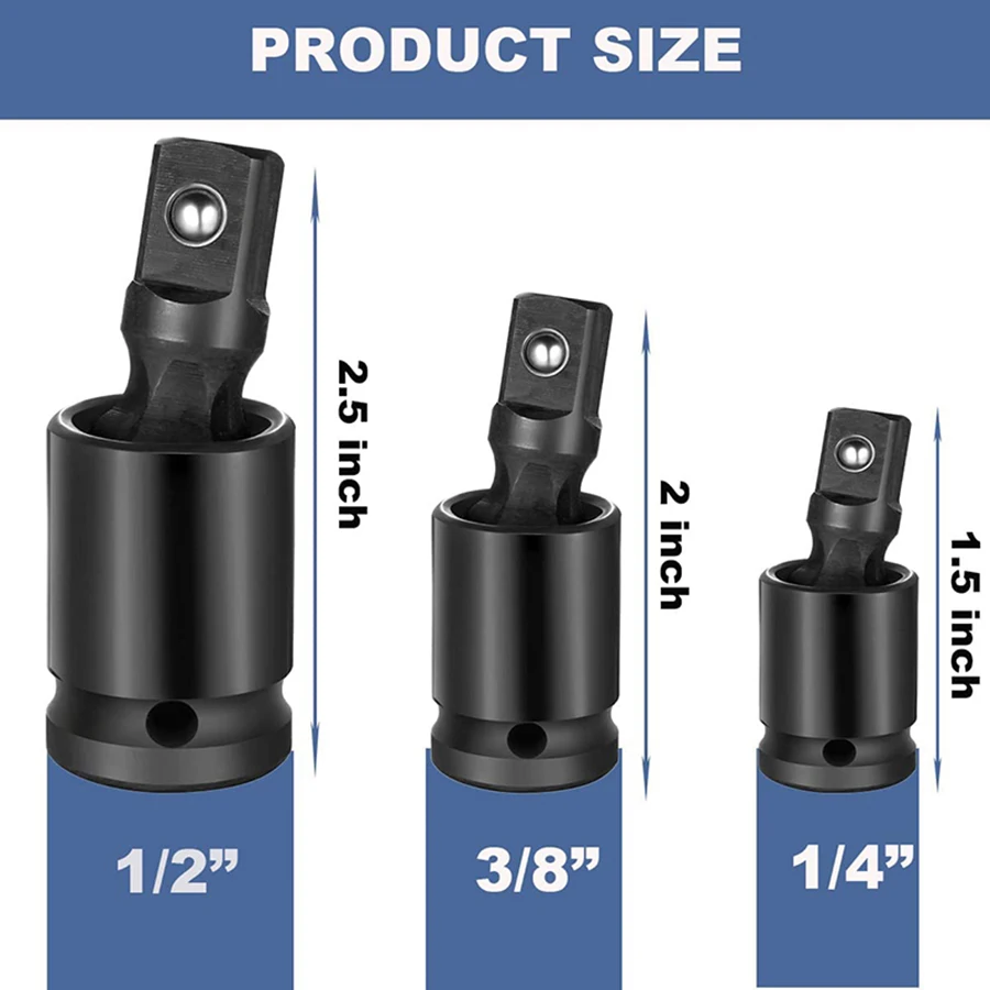 3 Piece Universal Joint-Socket, Impact Swivel Socket Set, 1/4-Inch, 3/8-Inch, 1/2-Inch Drive Set