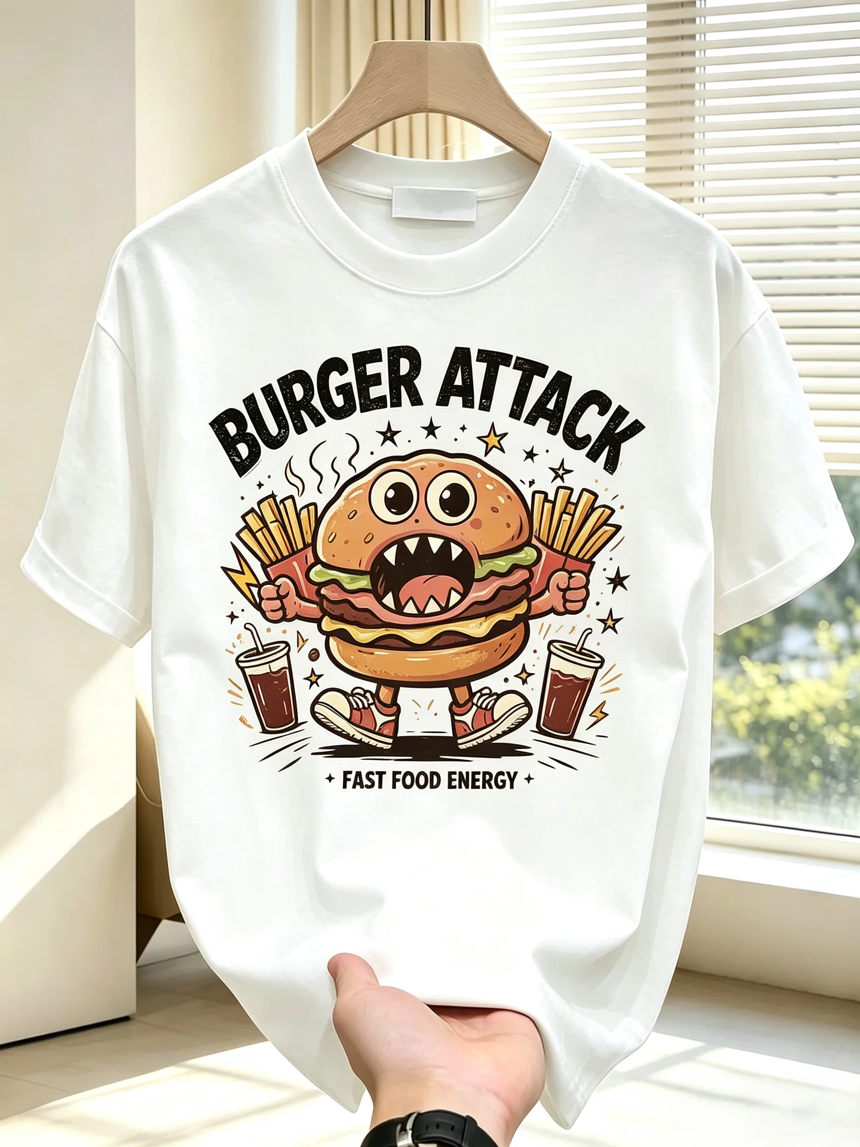 Unisex Burger Attack Cartoon Graphic T Shirt Men Women Monster Hamburger Fries Drink Print Oversized Crew Neck Short Sleeve Tee Fast Food Casual Streetwear Cotton Top