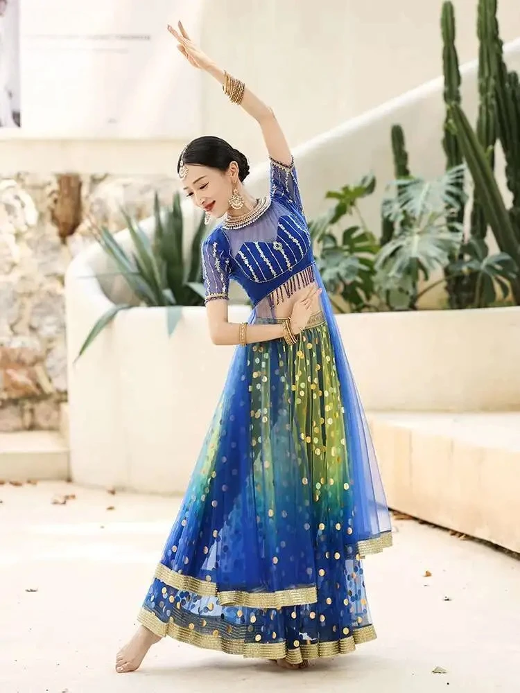 

New Style Yiman Exotic Indian Dance Costume Ethnic Style Women's Dancewear Embroidered Top Skirt Pants Lengha Set