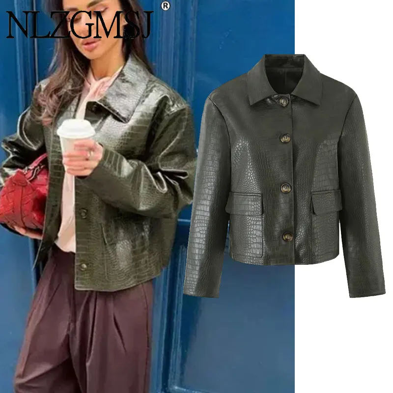 Nlzgmsj 2026 Autumn Women  Faux Leather Jacket Lapel Button Down Cropped PU Jacket Vintage Streetwear Outerwear