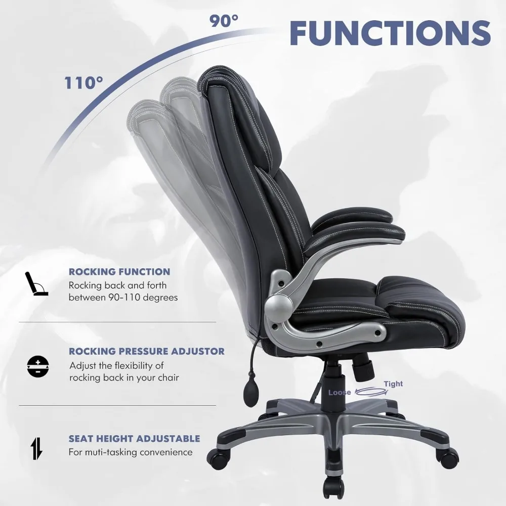 Silla de oficina ejecutiva de espalda alta, asiento ergonómico de cuero para escritorio de computadora en casa, bloqueo de inclinación ajustable, para estudio de trabajo para adultos, negro