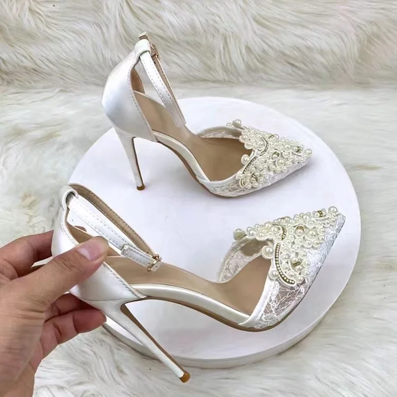 

White Lace Crystal Buckle Pumps Pointed Toe Thin High Heel Fashionable Sexy 2024 Summer Big Size Woman Shoes Zapatillas Mujer