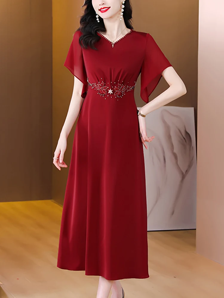 Women Red Silk Satin Luxury Prom Dress Summer Short Sleeve Chic Diamond Dress 2024 Long Evening Party Dress Elegant Wedding Robe