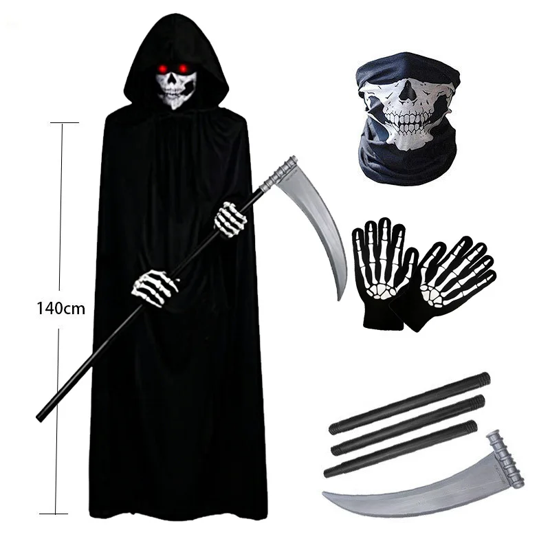 Gothic Halloween Cosplay Outfit Set Long Hooded Black Cloak Skeleton Mask Gloves Simulation Weapon Party Dress-up Accessorie