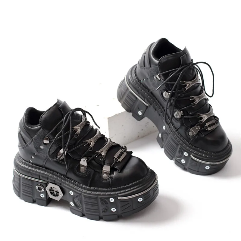 Fashion Women Punk Platform Shoes for Woman's Lace-Up Round Toe Metal Decoration Thin Heels Sneakers Gothic Party Nightclub Shoe image 2