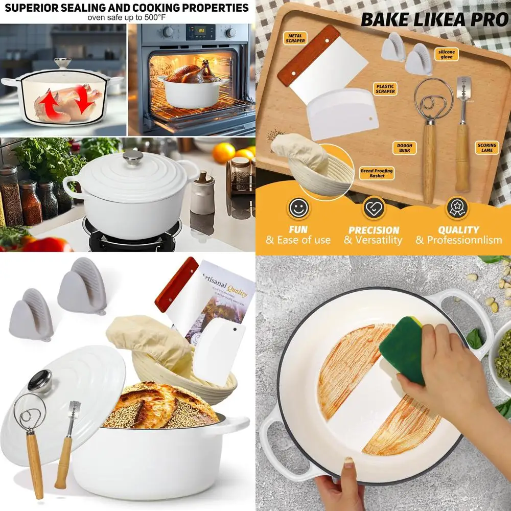 

Enameled Cast Iron Bread Oven with Proofing Basket, Ideal for Baking, Braising, Stews, Roasting (White)