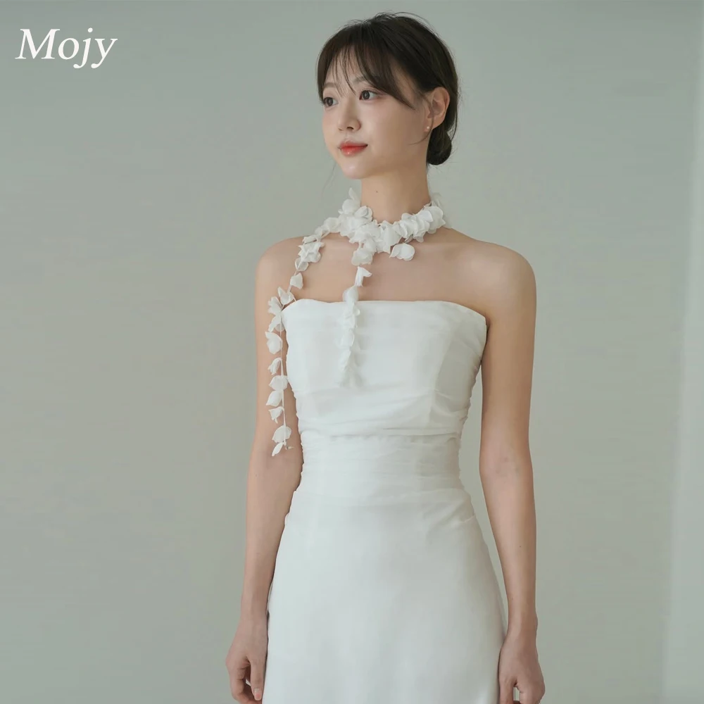 

Mojy Elegant Wedding Party Dress Strapless Pleat A-Line Floor Length Ivory Satin Korea Photo Shoot Bridal Reception Gown Custom