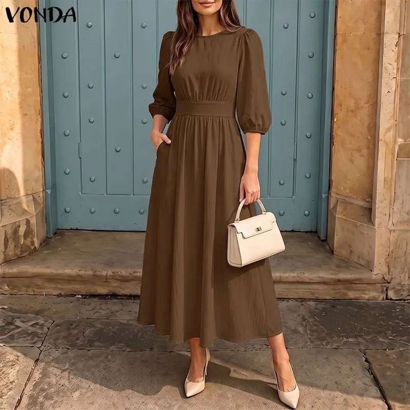 VONDA Plus Size Women Dress Elegant French Vintage 3/4 Lantern Sleeve Midi Dress High Waist A-Line Sundress Solid Party Vestidos