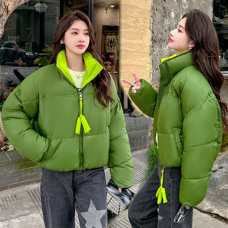 

New Winter Cotton Jacket Loose Stand Collar Patchwork Color Chic Zipper Design Student Windproof Thick Warm Fluffy Bread Clothes