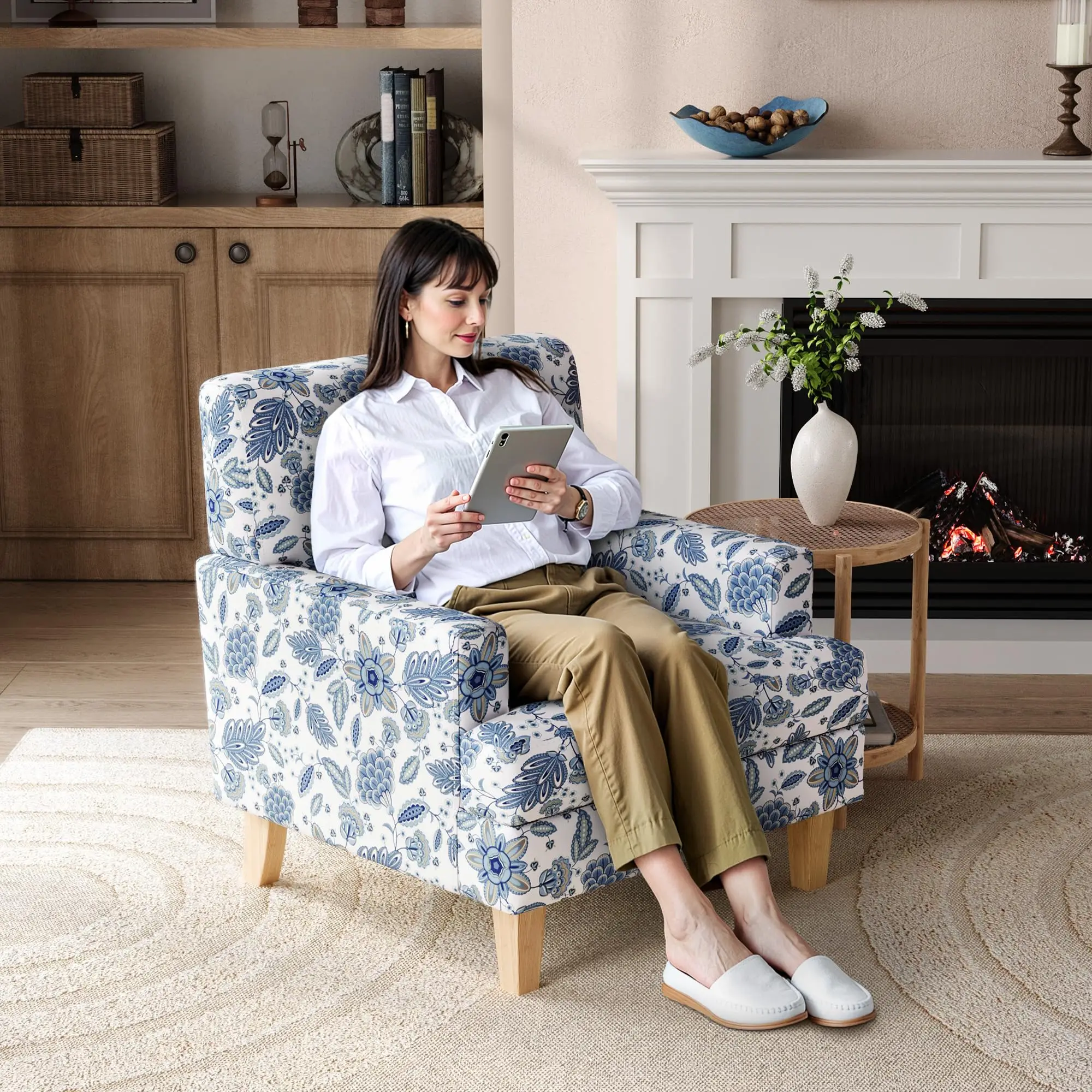 

Floral Upholstered Armchair With Rubberwood Legs Mid Century Reading Chair For Living Room Bedroom
