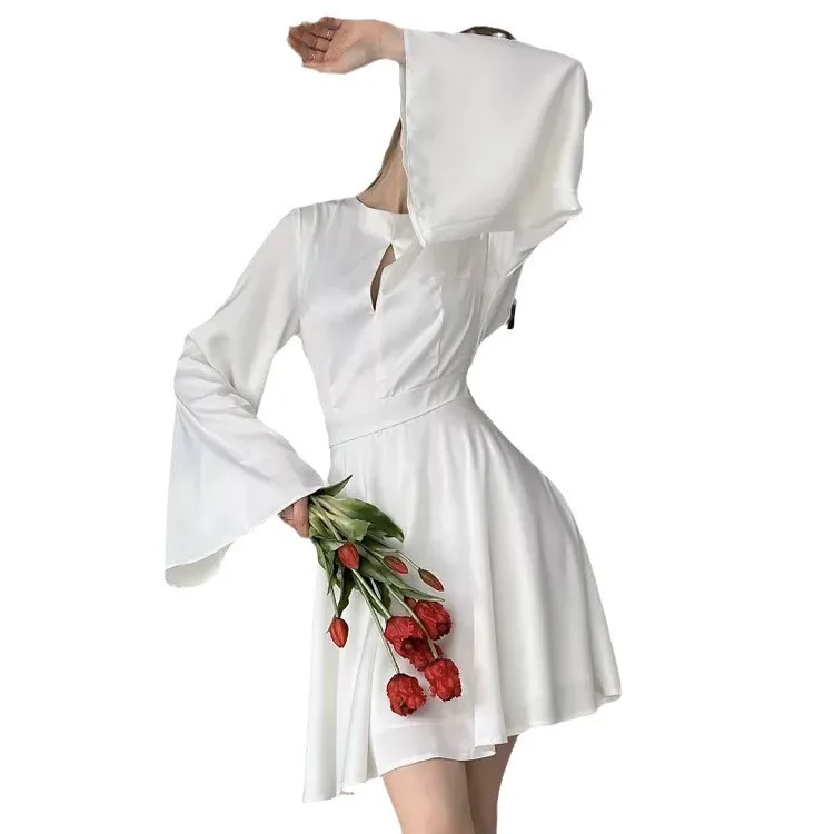 French Satin Backless Flared Sleeve Dress V-neck Waist Party Women's Skirt