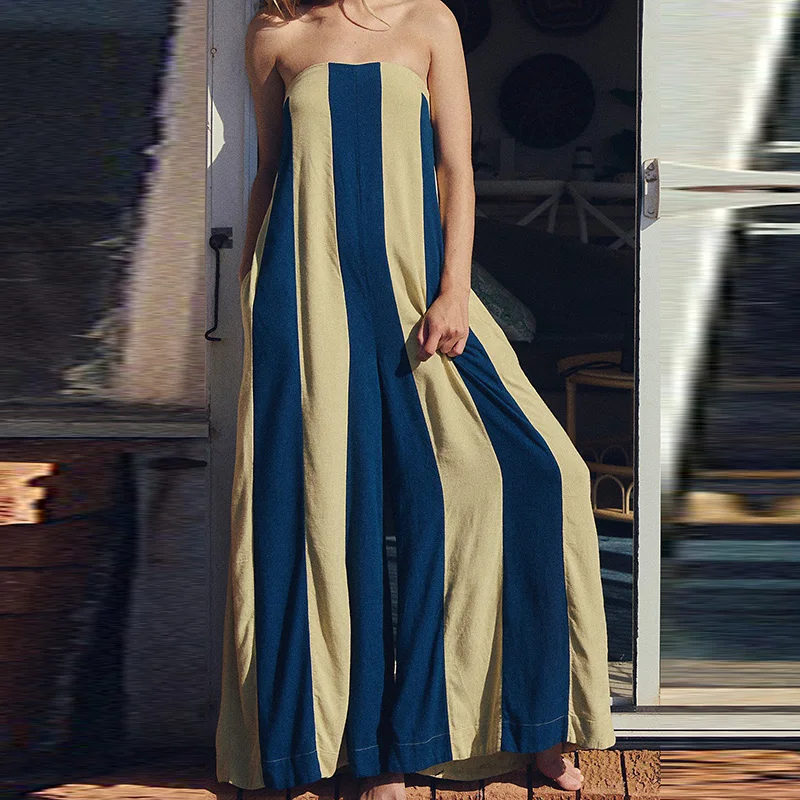 

Elegant Off Shoulder High Waist Playsuits Fashion Loose Women Wide Leg Commute Rompers Casual Stripe Printed Tueb Top Jumpsuits